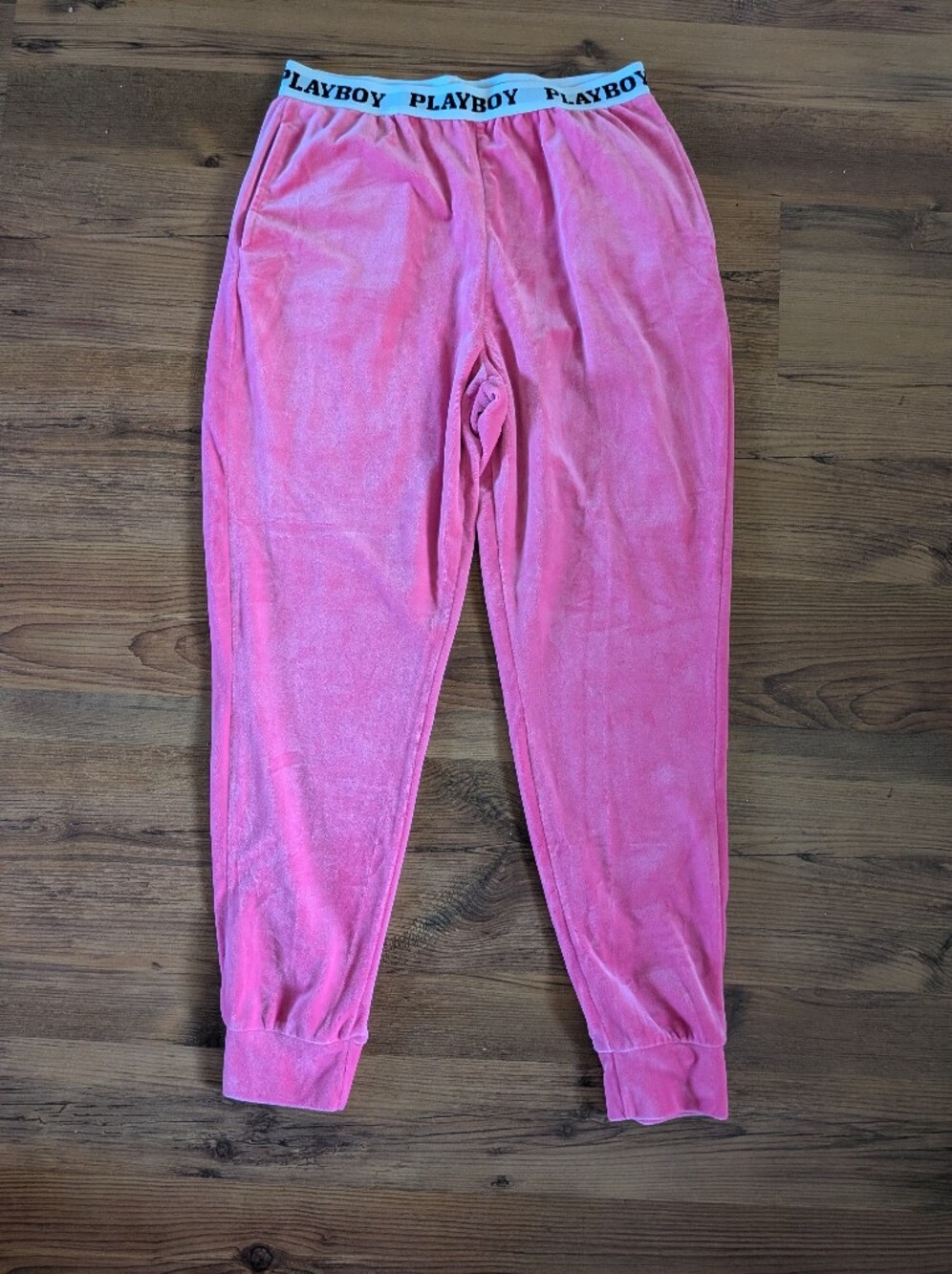 PLAYBOY Pink Velour Jogger Pants with Logo Waistband And Back Rhinestone Logo